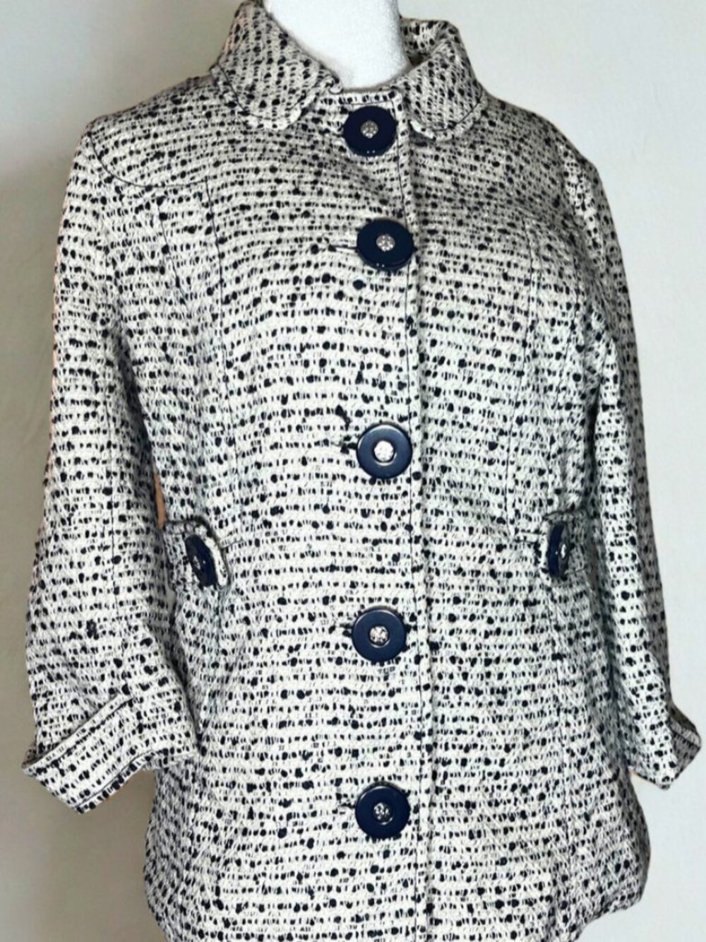 Tory Burch Tweed Jacket Size 12 Classic Tab Waist 3/4 Sleeve Structured Blazer